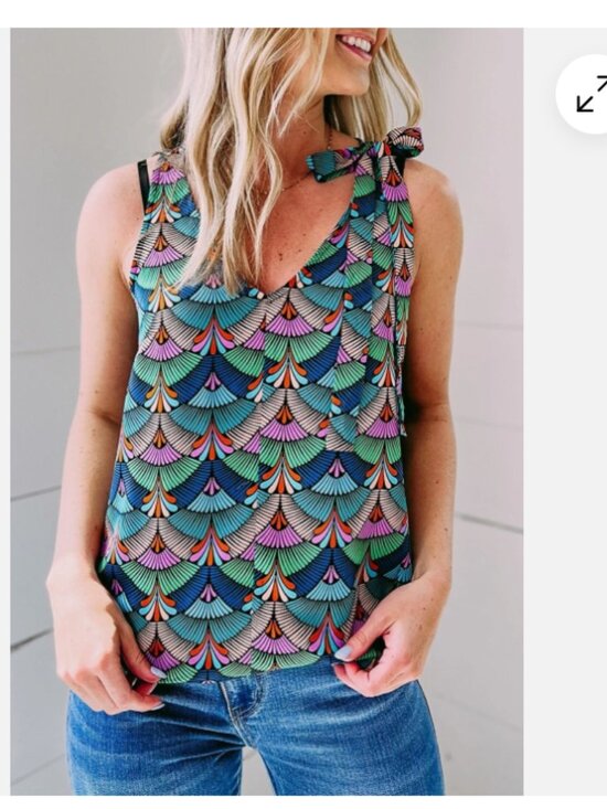 Molly Bracken Tops - Molly Bracken Teal Multi-Color Bow-Shoulder Sleeveless Top size small